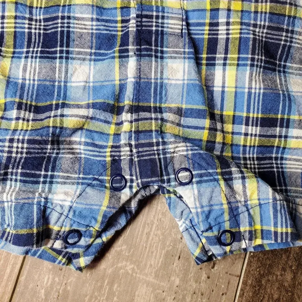 Carter's Baby Boy Size 6m Blue Yellow Plaid Romper Shortall 100% Cotton EUC